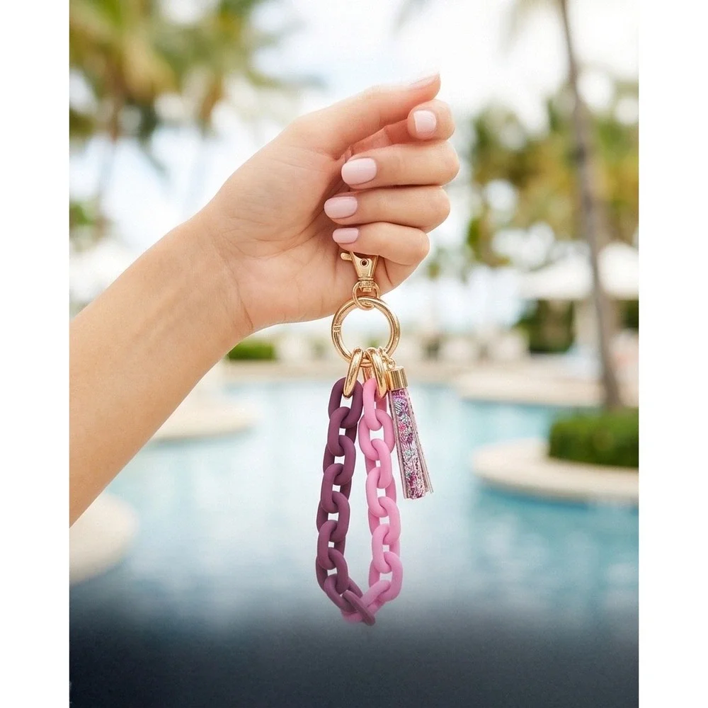 Lilly Pulitzer Marena Cherry Resin Chain Keychain‎ Pink Purple Tassel Gold Charm